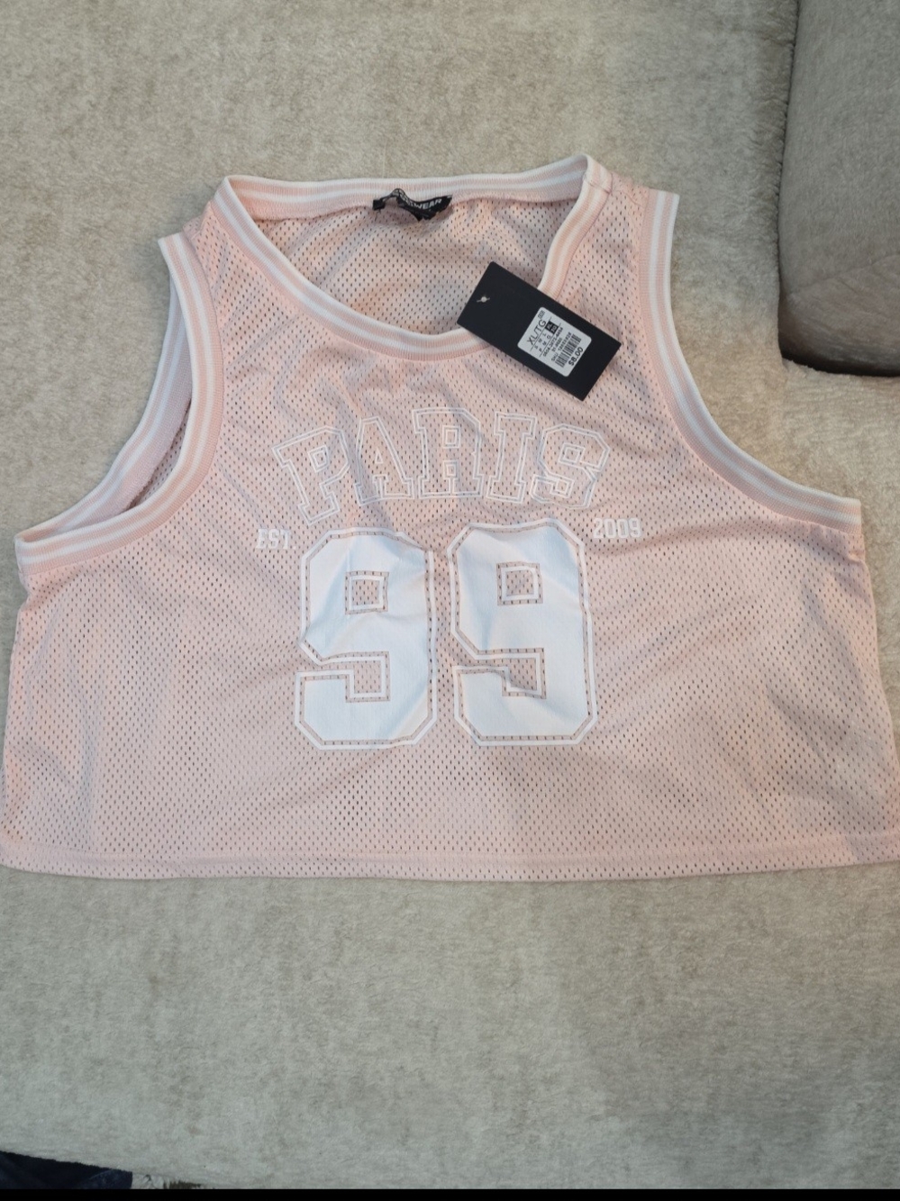 Streetwear Society Light Pink Mesh Crop Tank Top with White 'Paris 99' Graphic